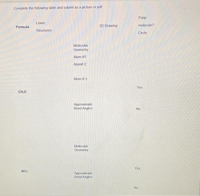 Complete The Following Table And Submit As A Picture Or Pdf Formula Ch O Nci Lewis Structures Molecular Geometry Atom 1