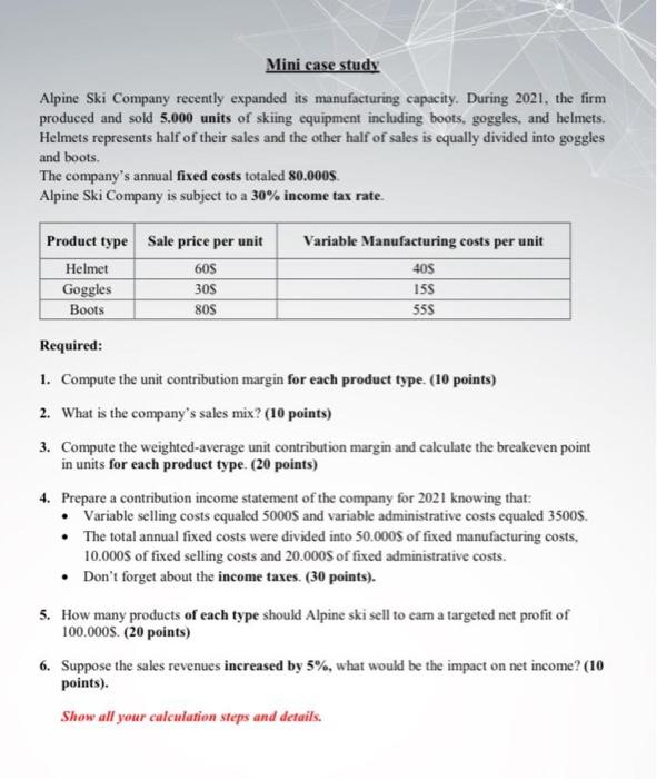 Mini Case Study Alpine Ski Company Recently Expanded Its Manufacturing Capacity During 2021 The Firm Produced And Sold 1