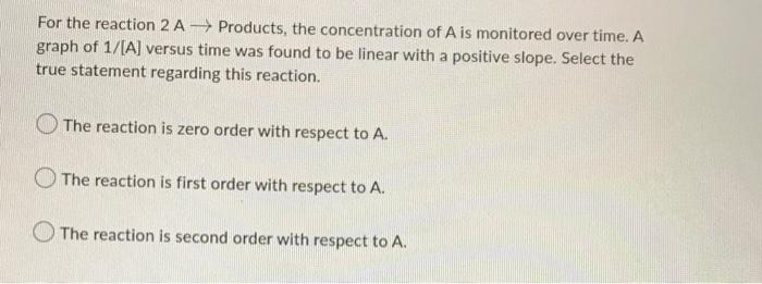 For The Reaction 2 A Products The Concentration Of A Is Monitored Over Time A Graph Of 1 A Versus Time Was Found To 1