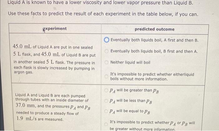 Liquid A Is Known To Have A Lower Viscosity And Lower Vapor Pressure Than Liquid B Use These Facts To Predict The Resul 1
