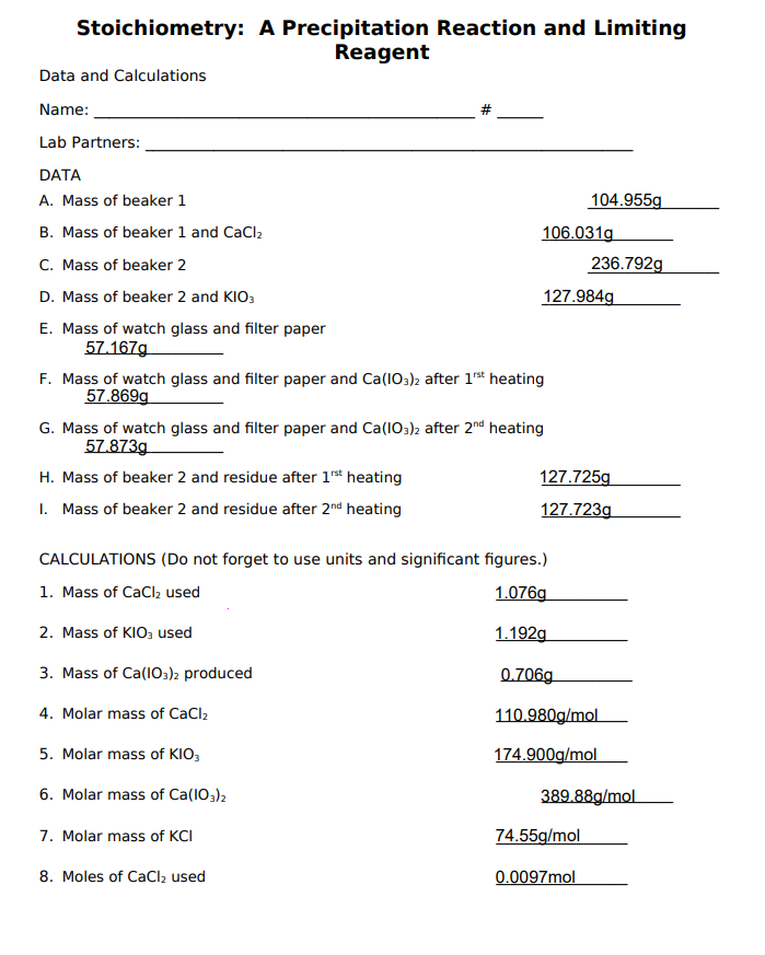 Stoichiometry A Precipitation Reaction And Limiting Reagent Data And Calculations Name Lab Partners Data A Mass Of B 1