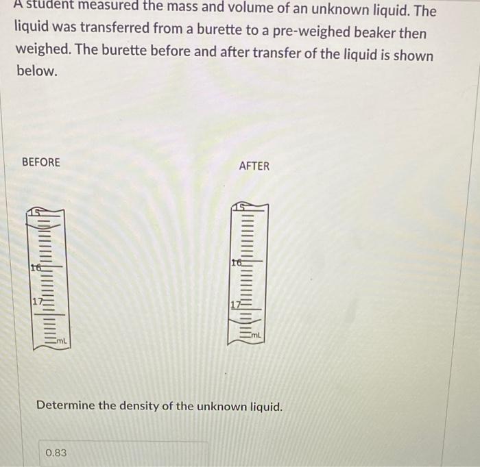 Given The Following Table Identify The Unknown Liquid Solvent Acetone Benzene Chloroform Diethyl Ether Density G Ml E 4