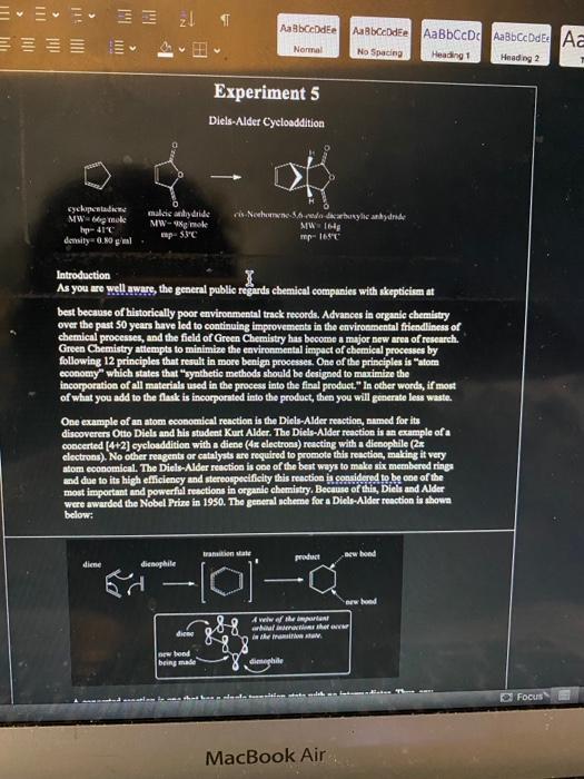Cyclopentadien Mw 66 Mole Hp 41 C Density 0 80 G L 21 Maleic Anhydride Mw Mole Mp 53 C Diene Abcdep Aa8bccddee Normal N 1