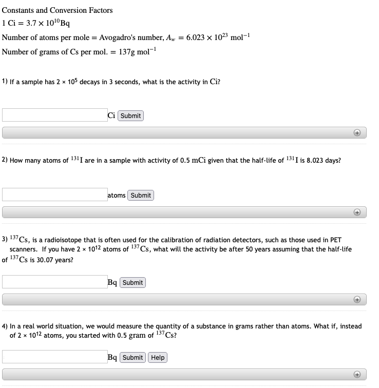 Constants And Conversion Factors 1 Ci 3 7 X 10 Bq Number Of Atoms Per Mole Avogadro S Number Aw 6 023 X 10 3 Mol 1