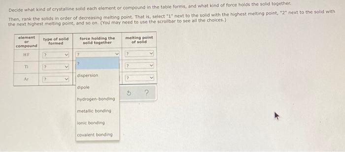 Decide What Kind Of Crystalline Solid Each Element Or Compound In The Table Forms And What Kind Of Force Holds The Soli 4
