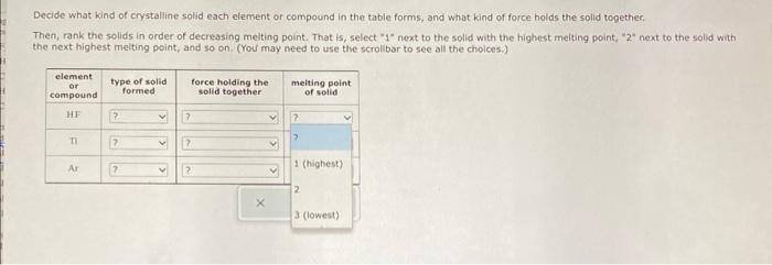 Decide What Kind Of Crystalline Solid Each Element Or Compound In The Table Forms And What Kind Of Force Holds The Soli 5