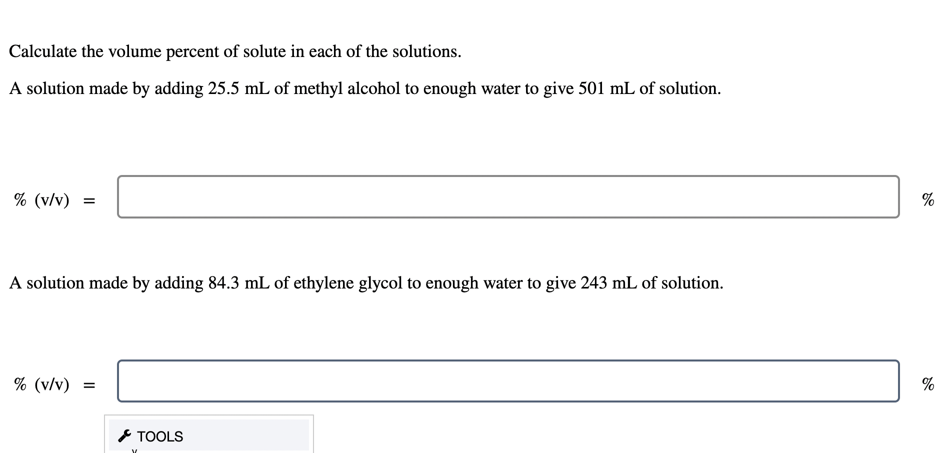 Calculate The Volume Percent Of Solute In Each Of The Solutions A Solution Made By Adding 25 5 Ml Of Methyl Alcohol To 1