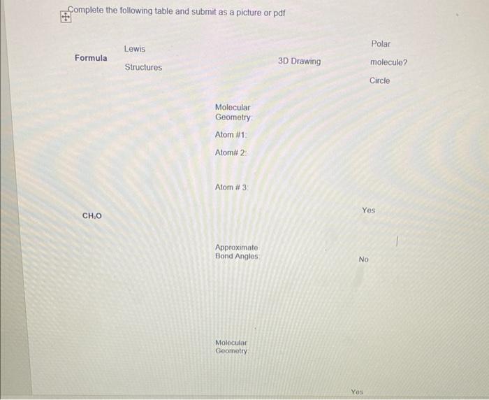 Complete The Following Table And Submit As A Picture Or Pdf Formula Ch O Lewis Structures Molecular Geometry Atom 1 At 1