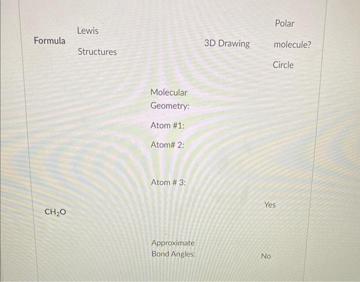 Complete The Following Table And Submit As A Picture Or Pdf Formula Ch O Lewis Structures Molecular Geometry Atom 1 At 6