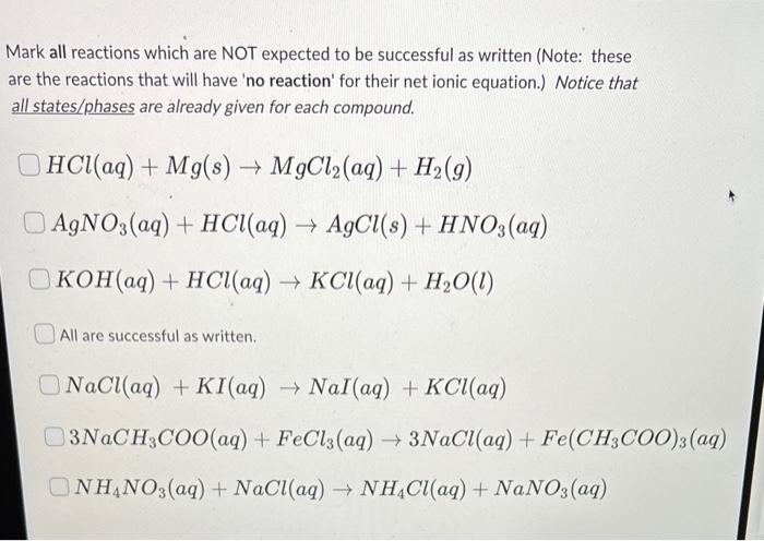 Mark All Reactions Which Are Not Expected To Be Successful As Written Note These Are The Reactions That Will Have No 1