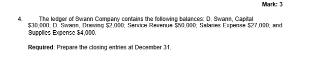 Mark 3 4 The Ledger Of Swann Company Contains The Following Balances D Swann Capital 30 000 D Swann Drawing 2 1