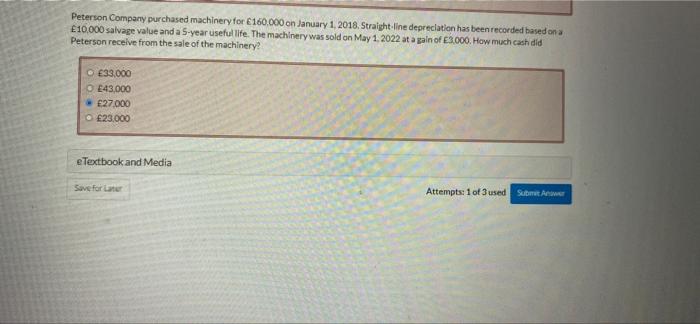Peterson Company Purchased Machinery For 160 000 On January 1 2018 Straight Line Depreciation Has Been Recorded Based 1