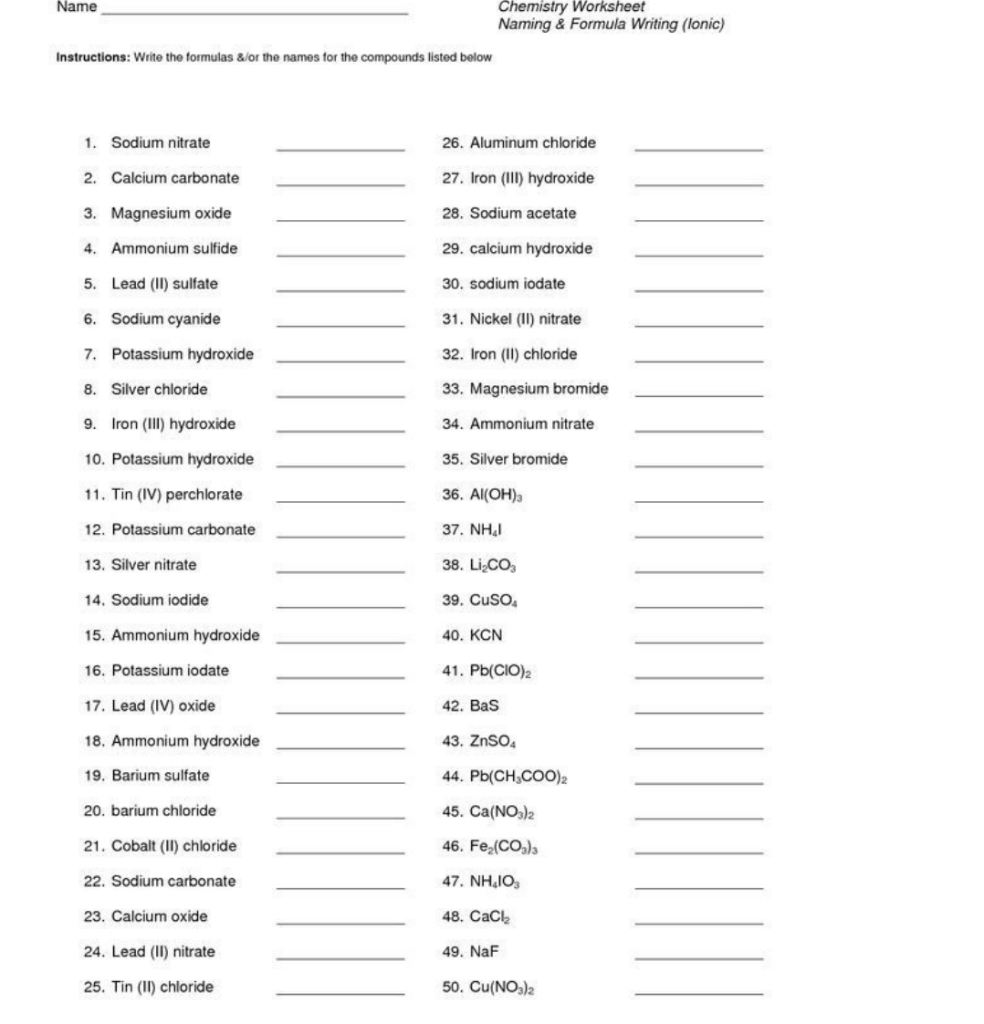 Name Instructions Write The Formulas Or The Names For The Compounds Listed Below 1 Sodium Nitrate 2 Calcium Carbona 1