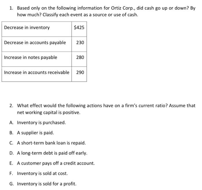 1 Based Only On The Following Information For Ortiz Corp Did Cash Go Up Or Down By How Much Classify Each Event As 1