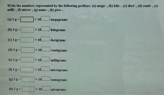 Write The Numbers Represented By The Following Prefixes A Mega B Kilo C Deci D Centi E Milli F Mi 1