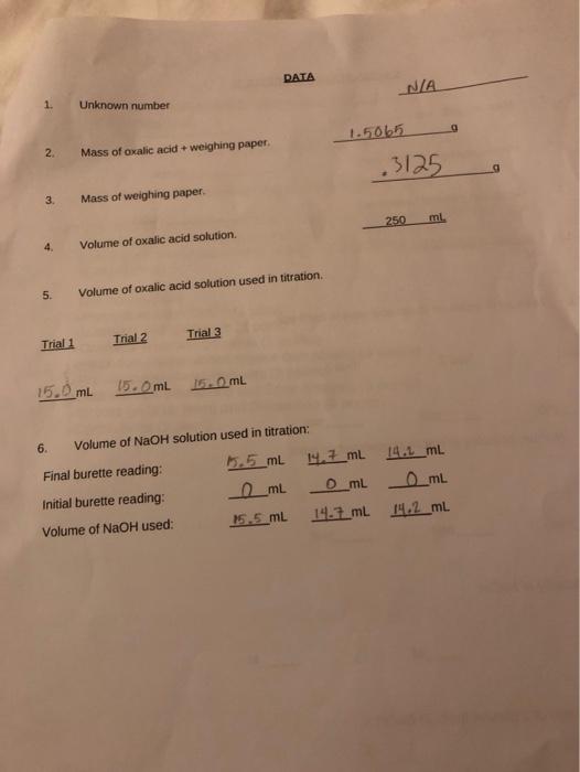 1 2 3 4 5 Trial 1 Unknown Number Mass Of Oxalic Acid Weighing Paper Mass Of Weighing Paper Volume Of Oxalic Aci 1