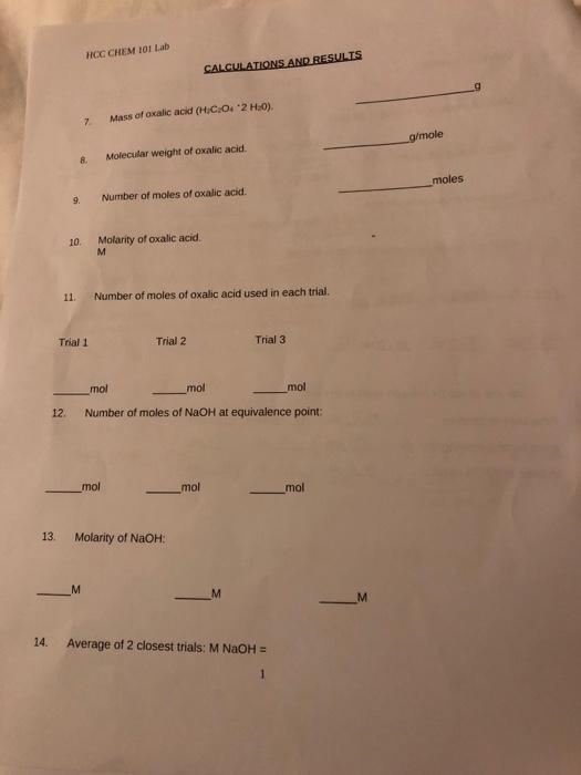 1 2 3 4 5 Trial 1 Unknown Number Mass Of Oxalic Acid Weighing Paper Mass Of Weighing Paper Volume Of Oxalic Aci 2