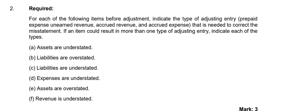 2 Required For Each Of The Following Items Before Adjustment Indicate The Type Of Adjusting Entry Prepaid Expense Un 1