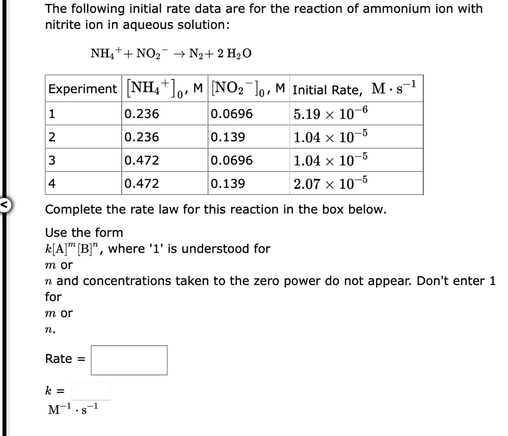 The Following Initial Rate Data Are For The Reaction Of Ammonium Ion With Nitrite Ion In Aqueous Solution Nh4 No N 1