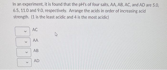 In An Experiment It Is Found That The Ph S Of Four Salts Aa Ab Ac And Ad Are 5 0 6 5 11 0 And 9 0 Respectively 1