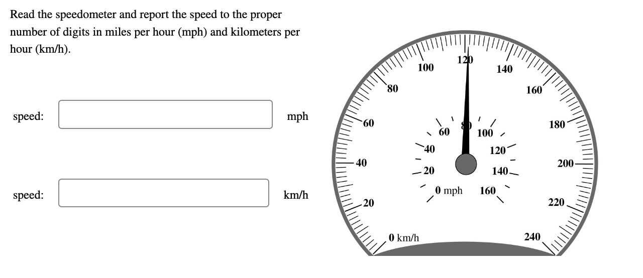 Read The Speedometer And Report The Speed To The Proper Number Of Digits In Miles Per Hour Mph And Kilometers Per Hour 1