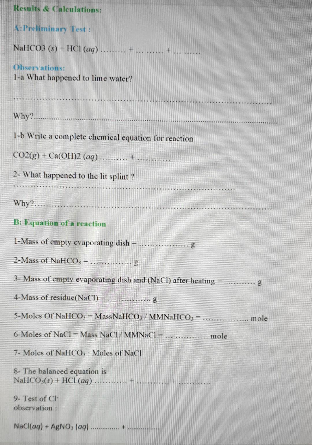Results Calculations A Preliminary Test Nahco3 S Hcl Aq Observations 1 A What Happened To Lime Wat 1