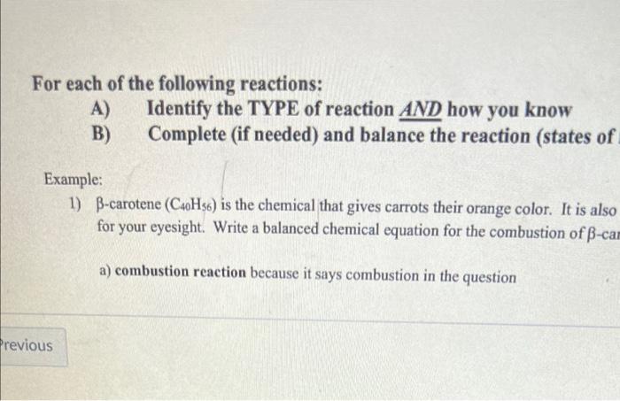 For Each Of The Following Reactions A B Previous Identify The Type Of Reaction And How You Know Complete If Needed 1