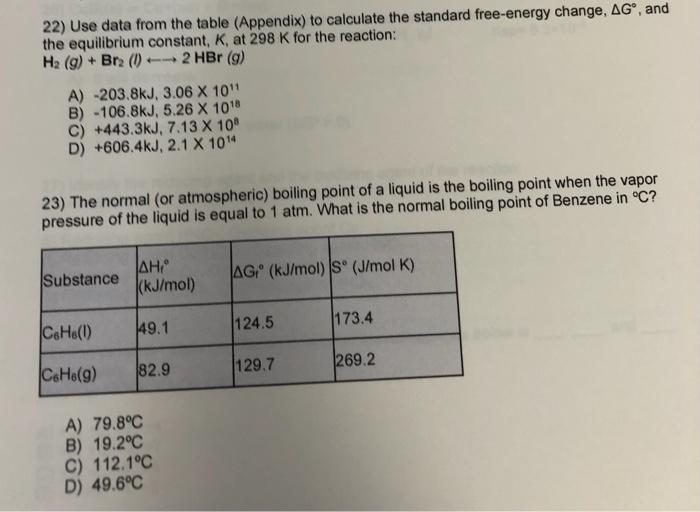 22 Use Data From The Table Appendix To Calculate The Standard Free Energy Change Ag And The Equilibrium Constant 1