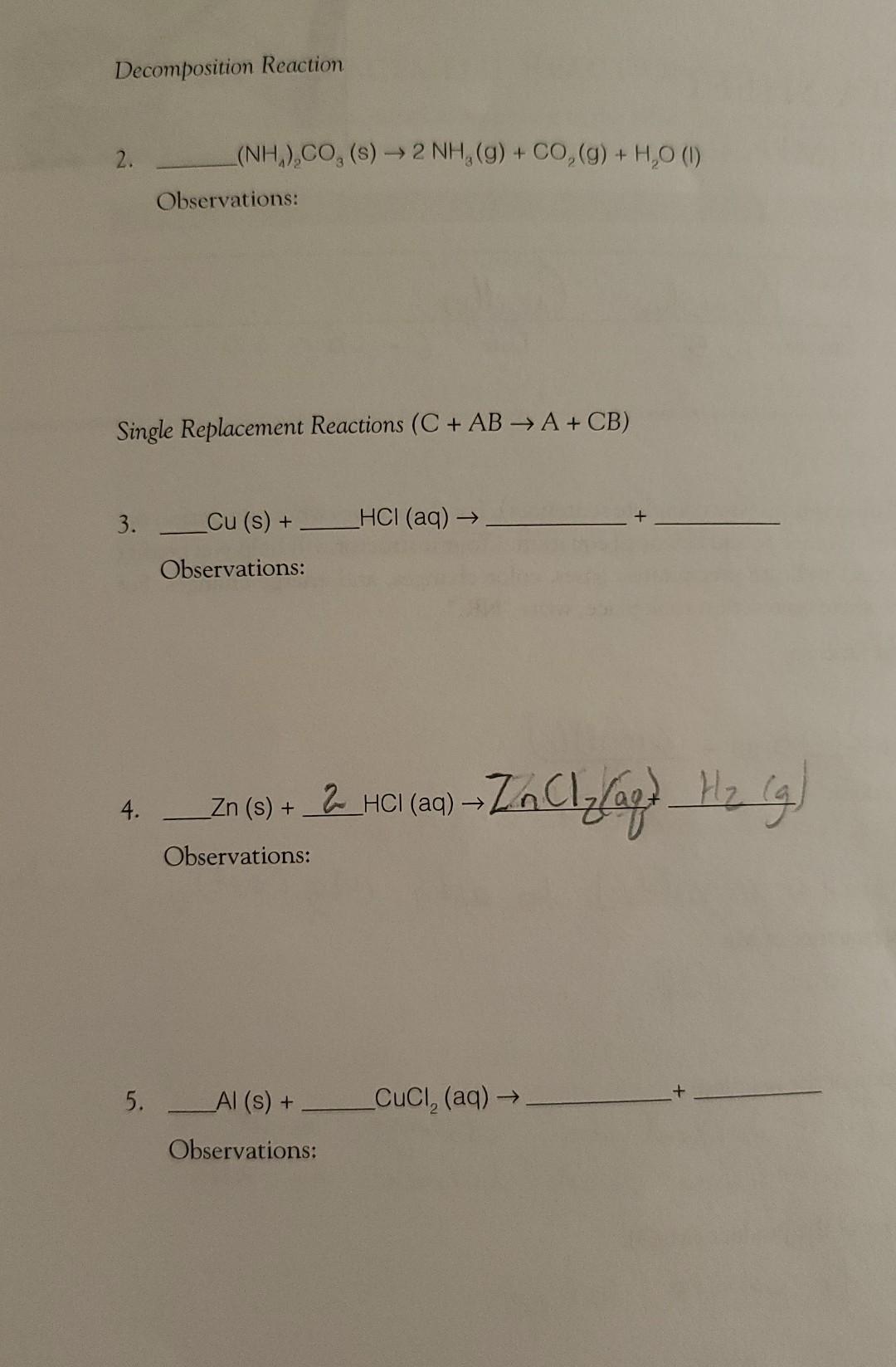 Decomposition Reaction 2 Nh Co S 2nh 9 Co G H O Observations Single Replacement Reactions C Ab 1