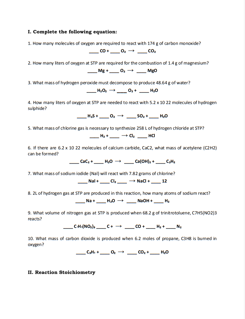 I Complete The Following Equation 1 How Many Molecules Of Oxygen Are Required To React With 174 G Of Carbon Monoxide 1