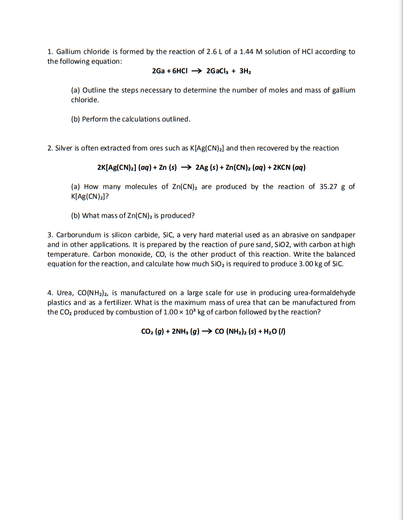 1 Gallium Chloride Is Formed By The Reaction Of 2 6 L Of A 1 44 M Solution Of Hci According To The Following Equation 1