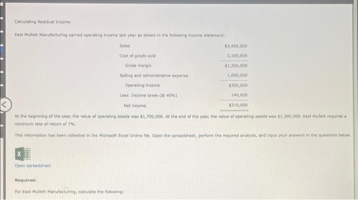 Calculating Residual Income Test Muillett Manufacturing Eamed Operating Income Last Year As Shown In The Following Frict 1