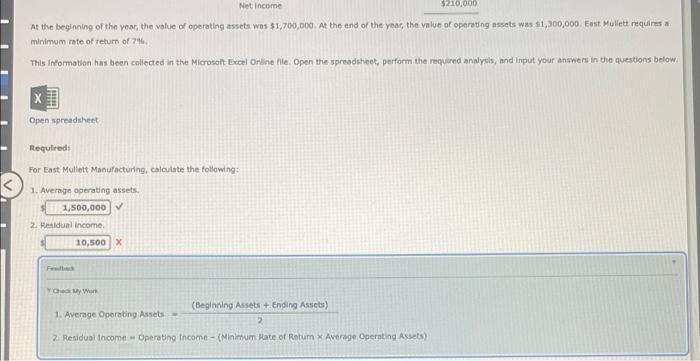 Calculating Residual Income Test Muillett Manufacturing Eamed Operating Income Last Year As Shown In The Following Frict 2