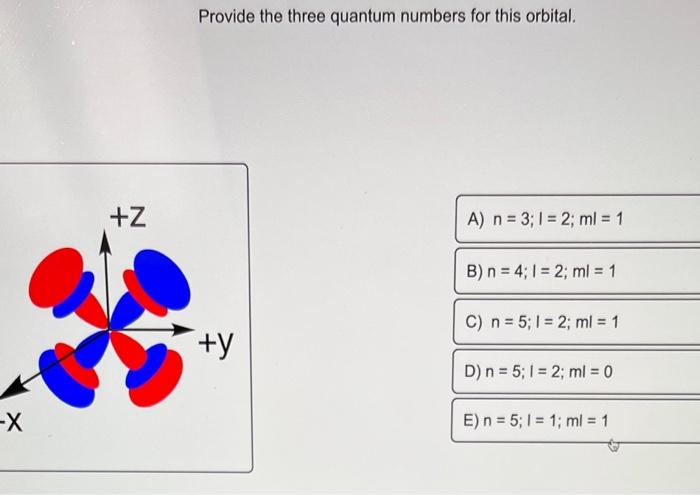 X Z Provide The Three Quantum Numbers For This Orbital Y A N 3 1 2 Ml 1 B N 4 1 2 Ml 1 C N 5 1 1