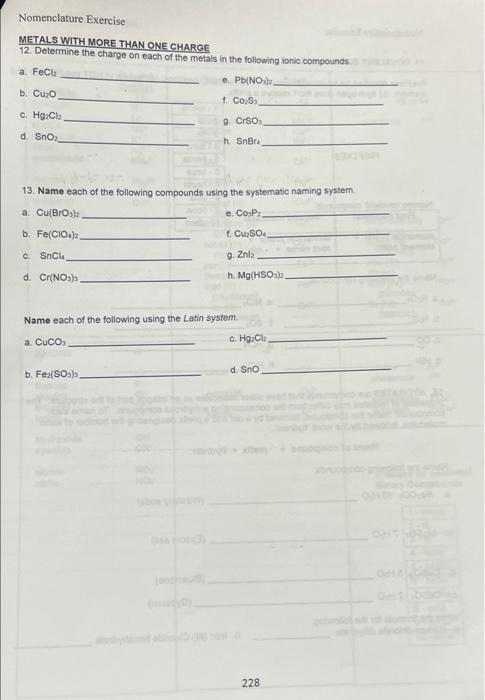 Nomenclature Exercise Metals With More Than One Charge 12 Determine The Charge On Each Of The Metals In The Following L 1