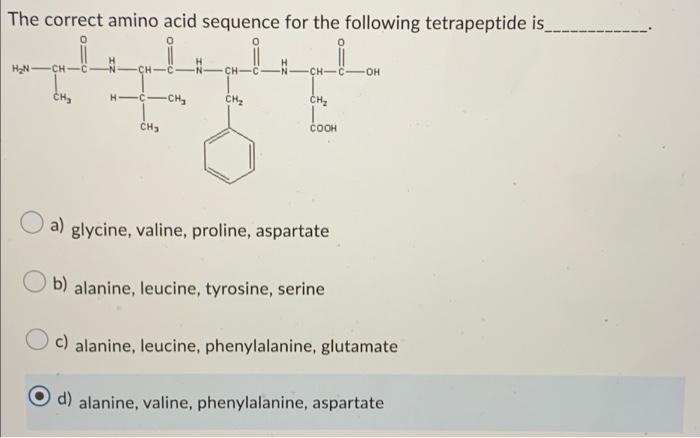 The Correct Amino Acid Sequence For The Following Tetrapeptide Is H N Ch Ch Hic Ch Ch Ch Ch Ch C Oh Ch Cooh 1
