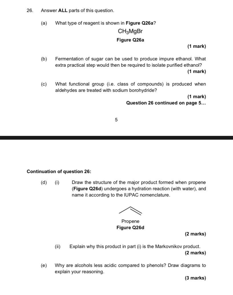 26 Answer All Parts Of This Question A B C What Type Of Reagent Is Shown In Figure Q26a Ch 3mgbr Figure Q26a 1 1
