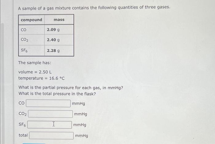 A Sample Of A Gas Mixture Contains The Following Quantities Of Three Gases Compound Co Co Sf6 Mass The Sample Has Vol 1
