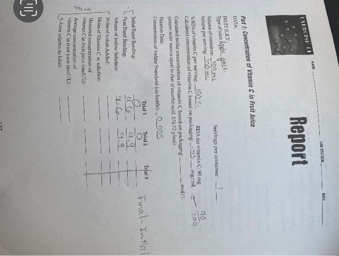 Math Exercise 11 Name Part 1 Concentration Of Vitamin C In Fruit Juice Data Frutt Juice Type Of Juice Apple Juice Vo 1