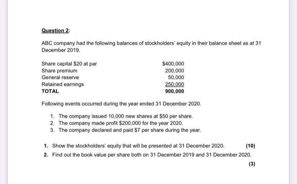 Question 2 Abc Company Had The Following Balances Of Stockholders Equity In Their Balance Sheet As At 31 December 2019 1