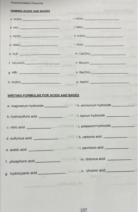 Nomenclature Exercise Naming Acids And Bases A H So B Hci C Hcio D Hno E H S F Hc H O 9 Hbr H H So A Magn 1