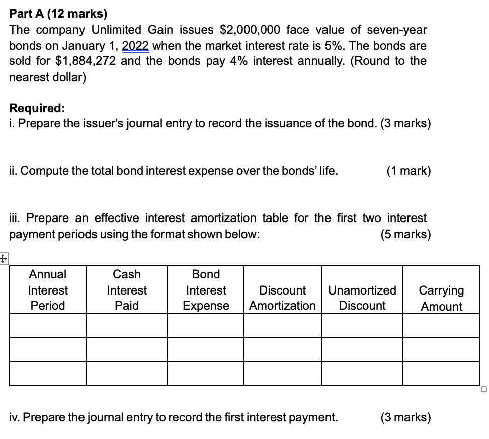 Part A 12 Marks The Company Unlimited Gain Issues 2 000 000 Face Value Of Seven Year Bonds On January 1 2022 When Th 1