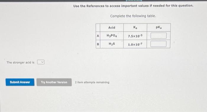 The Stronger Acid Is Submit Answer Try Another Version Use The References To Access Important Values If Needed For This 1
