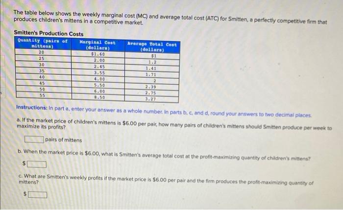 The Table Below Shows The Weekly Marginal Cost Mc And Average Total Cost Atc For Smitten A Perfectly Competitive Fi 1