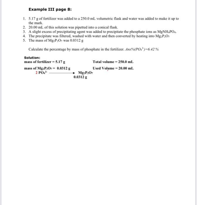 Example Iii Page 8 1 5 17 G Of Fertilizer Was Added To A 250 0 Ml Volumetric Flask And Water Was Added To Make It Up T 1
