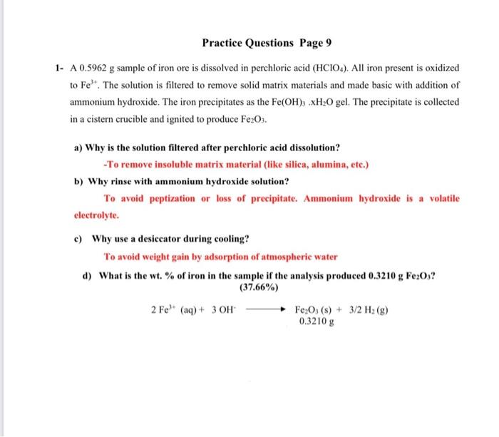 Practice Questions Page 9 1 A 0 5962 G Sample Of Iron Ore Is Dissolved In Perchloric Acid Hcio4 All Iron Present Is 1