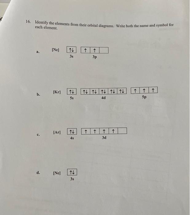 16 Identify The Elements From Their Orbital Diagrams Write Both The Name And Symbol For Each Element A B D Ne 1