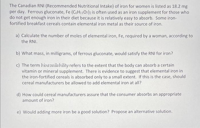 The Canadian Rni Recommended Nutritional Intake Of Iron For Women Is Listed As 18 2 Mg Per Day Ferrous Gluconate Fe 1