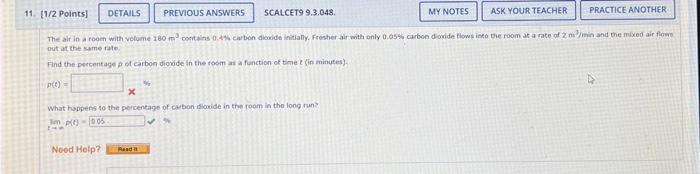 11 1 2 Points Previous Answers Scalcet9 9 3 048 Ask Your Teacher Practice Another The Air In A Room With Volume 180 1