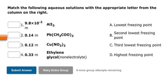 Ed Match The Following Aqueous Solutions With The Appropriate Letter From The Column On The Right D 1 0 150 M Mn Ch3coo 2